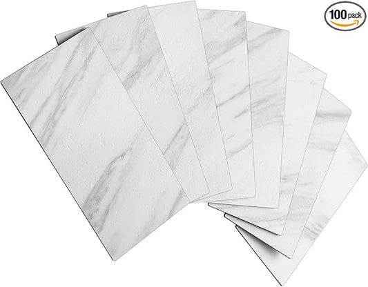AULIGET 100-Piece White Marble Look Peel and Stick Backsplash Wall Tiles, 3" x 6" PVC Faux Stone Stick on Tile for Backsplash Kitchen, Bathroom, Laundry Room, Camper, Fireplace by AULIGET