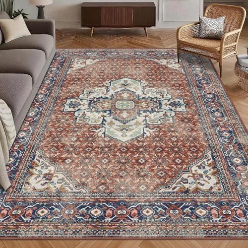 Washable Area Rug 6' x 9' Vintage Traditional Persian Mat - Foldable Distressed Non-Slip Machine Washable Carpet for Living Room Bedroom Kitchen Home Decor - Terracotta and Navy by Unknown