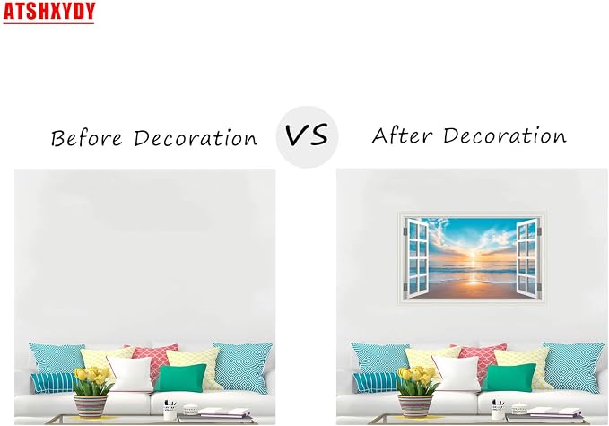 Fake Window Wall Decal Summer Ocean Beach Seascape Faux Window Poster Sticker Picture Open Wall Art Decor, Stick and Peel Landscape Natural Scenery Sunset Coastal Canvas Scene Mural（48"x32"） - Image 4