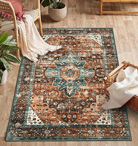 Moynesa Ultra-Thin Washable Vintage Area Rug - 3x5 Boho Non-Slip Entryway Rug Oriental Medallion Living Room Rug Entrance Mat Carpet for Kitchen Laundry Bathroom Bedroom, Brick Red/Dull Teal by Moynesa