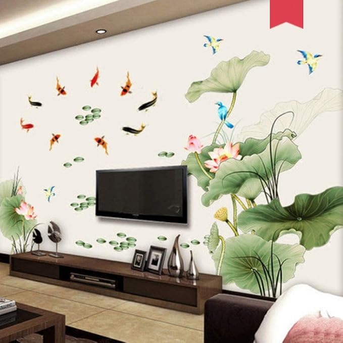 Lotus Flower Bird Fish Wall Decor Decal Sticker,Living Room PVC Mural Decorative Craft Wall Art Decoration Painting Large Removable Chinese Style - Image 5
