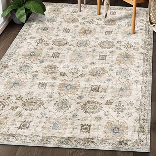 ReaLife Rugs Machine Washable Area Rug Runner - Living Room Bedroom Bathroom Kitchen Entryway Office - Padded Low Pile Stain Resistant Premium - Boho Farmhouse Vintage - Bryn - Beige Seafoam 3' x 5' by ReaLifeRugs