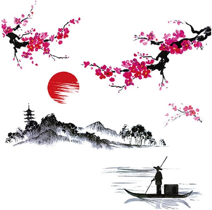 Large Japanese Wall Decor Stickers, BWCXXZH Red Cherry Blossom Tree Wall Murals Mountain River Fisherman Peel and Stick 3D Art Stickers for Girls Bedroom Nursery Living Room TV Home Decor by BWCXXZH