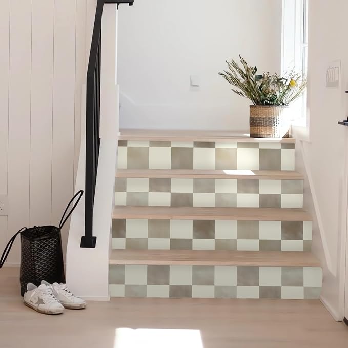Ismoon Checkered Wallpaper Peel and Stick Neutral Mosaic Checkered Contact Paper 17.3in x 32.8ft Vintage Removable Self-Adhesive Wallpaper for Bathroom Bedroom Kitchen Shelf Liner Vinyl - Image 6