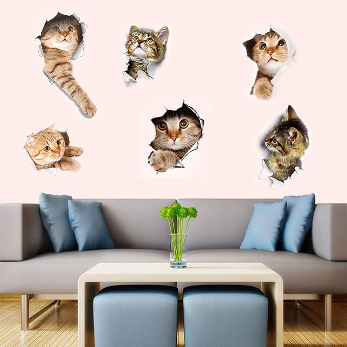 6PCS 3D Wall Stickers Cats Self Adhesive, Kids Wall Decals/Removable Vinyl Art Murals for Living Room Baby Rooms Bedroom Toilet House Wall DIY Decoration - Image 5