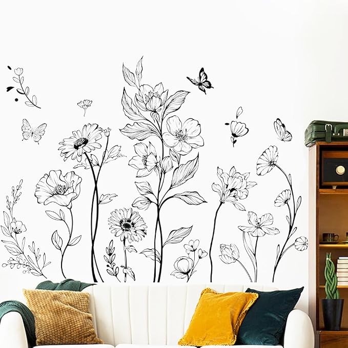 Runtoo Boho Black Flower Wall Decals Simple Wildflower Floral Wall Stickers for Girls Bedroom Nursery Home Decor - Image 3