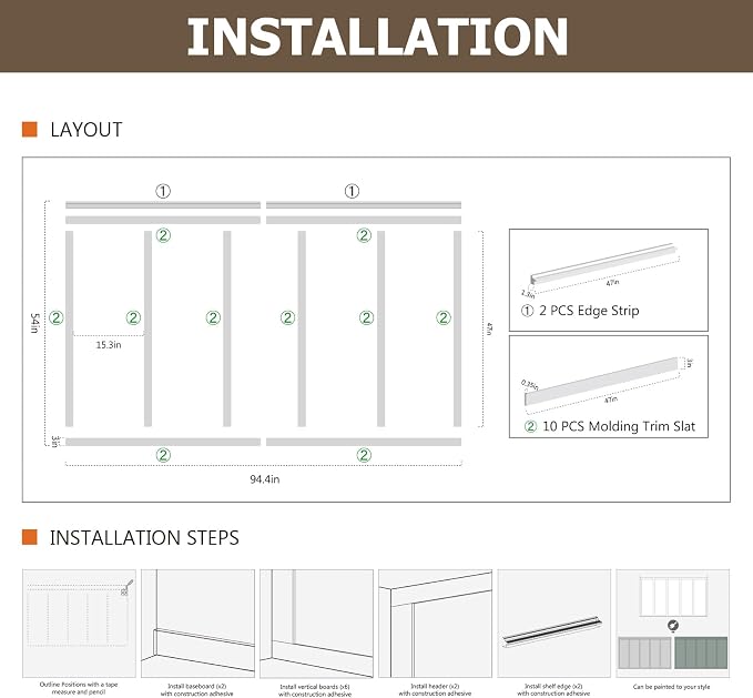 Board and Batten Wall Panel Kit,Paintable Wainscoting Panels Easy Install for Bedroom Living Room Hallway, Covers 94" x 54" Molding Trim Slat with Edge Strip, Paintable White - Image 6