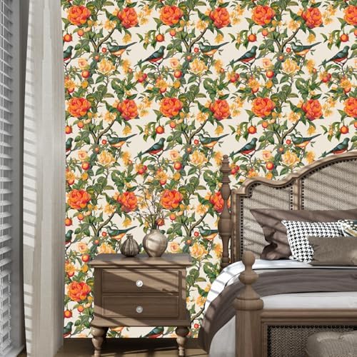 Danodoi Orange Vintage Bird and Stick Wallpaper 17.5" x 393" | Waterproof Vinyl Self Adhesive Removable Renter Friendly Floral Contact Paper - Image 7