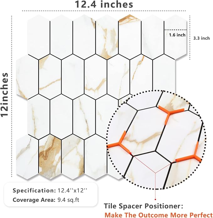 Vamos Tile Long Hexagon Peel and Stick Backsplash Tile - 10 Sheets Stick on Backsplash for Kitchen and Bathroom 12.4 x 12 Inch Calacatta Gold PVC Self Adhesive Mosaic Wall Tiles - Image 5