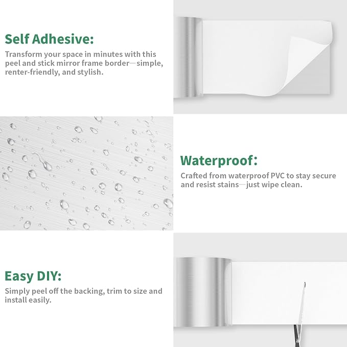 Peel and Stick Wallpaper Borders 390” x 2.36” Self Adhesive Mirror Frame Border Brushed DIY for Kitchen Bathroom Mirror Removal Border Sticker Wall Decor Cover 6.4 Sq.Ft, Brushed Sliver - Image 4