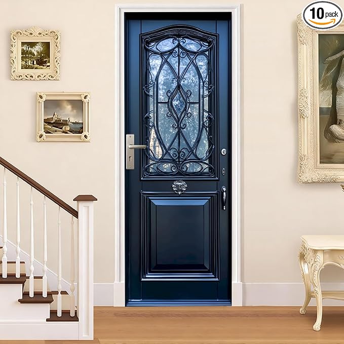 Luxury Blue Door Mural, Elegant Vintage Door Decor | Peel-and-stick vinyl door decal, self-adhesive home decor wallpaper, 30.3" W x 78.7" L, 2-pack by Cmialusie