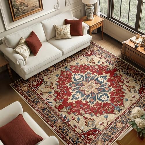 RELEANY Washable Area Rug, Square 6'x6', Red/Blue by RELEANY