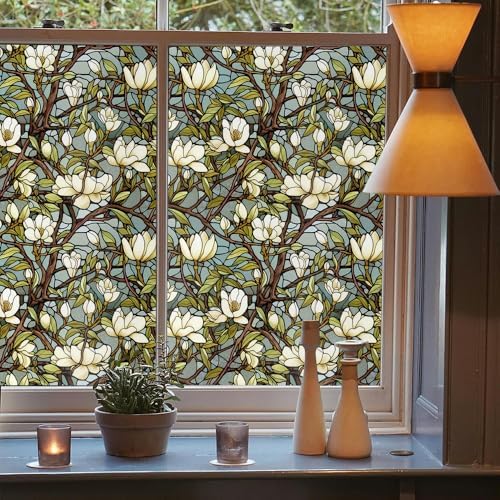 White Magnolia Floral Tree Green Leaf Vintage Stained Glass Window Films Decorative Double-Side Privacy Film Self-Adhesive Static Clings for Living Room Bathroom Glass Windows Decor - Image 3