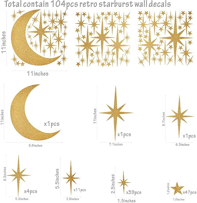 Retro Starburst Wall Decals Stars Wall Sticker Star Moon Vinyl Decal Golden | Celestial decor, sparkle wall stickers decoration, peel and stick, removable art mural, for girls bedroom living room nursery - Image 2