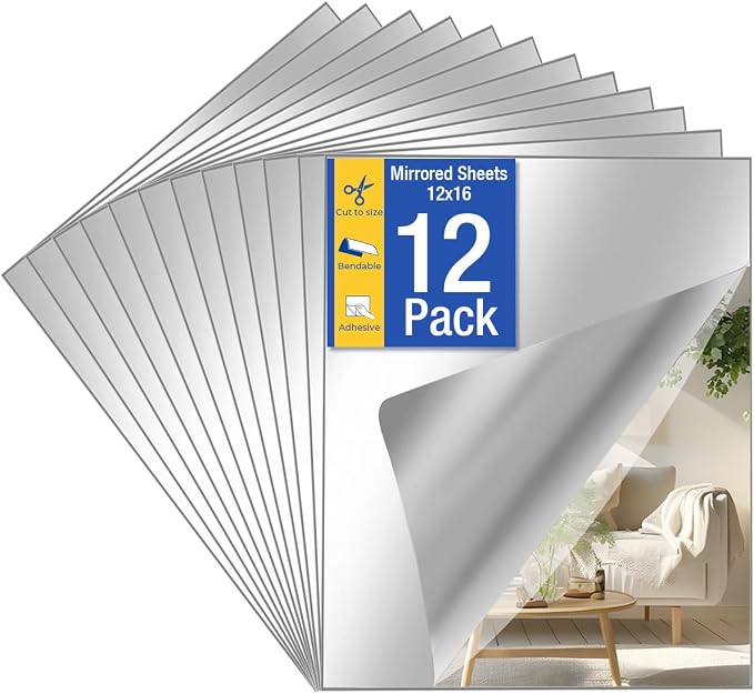 12Pack Acrylic Flexible Mirror Sheets, 12x16 Inch Shatterproof Flexible Stick on Mirrors for Wall Self-Adhesive Sticker for Bedroom, Door, Bathroom, and Dance Studio Installation by Unknown