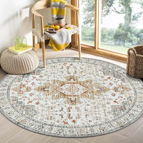 Moynesa Ultra-Thin Washable Round Rug - 6ft Large Living Room Circle Area Rugs, Vintage Dining Room Mat Stain Resistant Nursery Carpet for Bedroom Mudroom Kitchen Apartment Home Office by Moynesa