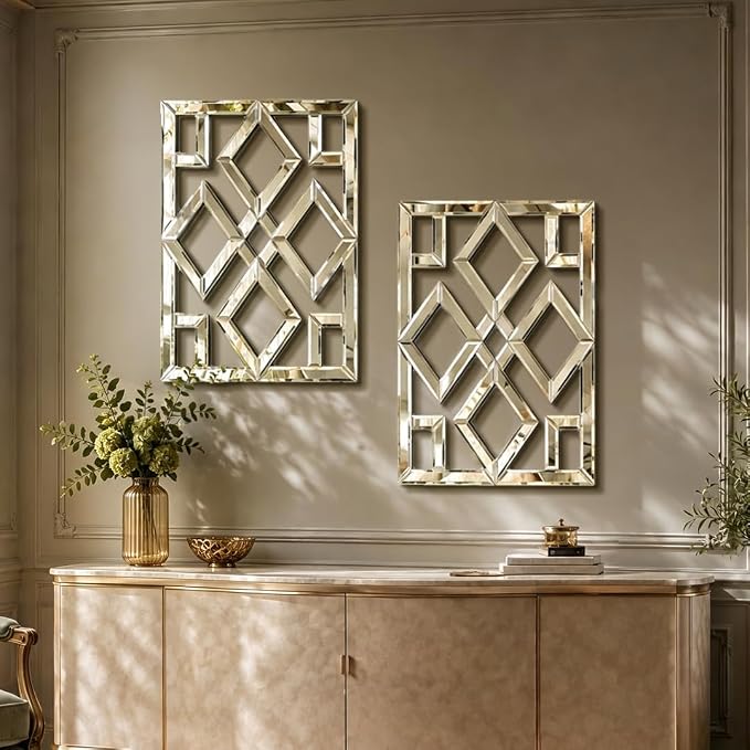 Square Decorative Wall Mirror 13 x 17 Inch, Silver Frameless Mirror Wall Decor with Beveled Edge, Modern Wall Mounted Accent Mirror for Living Room, Bedroom, Hallway, Set of 2 by OPULINEA