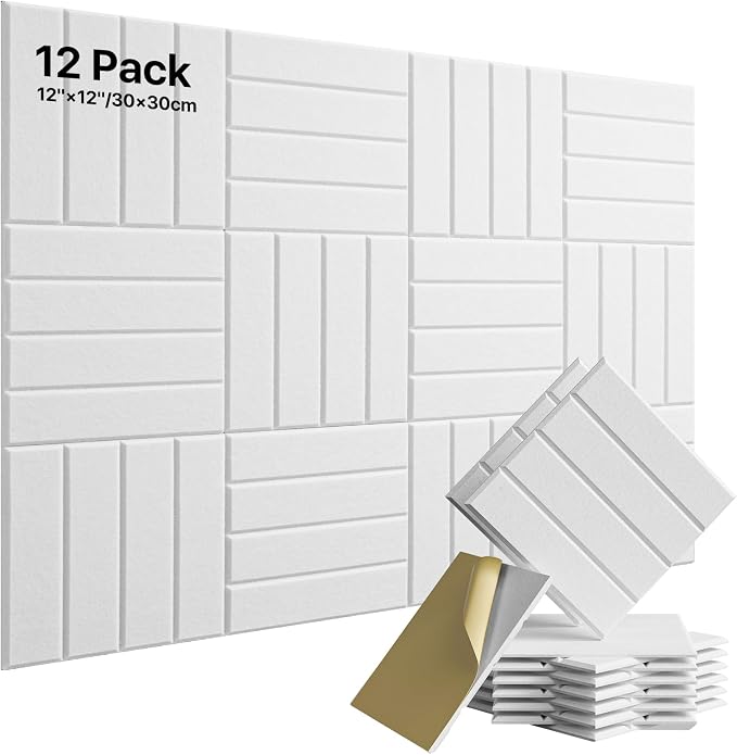 Soundsbay Sound Proof Foam Panels for Walls Self-Adhesive, 12-Pack 12"X12" | Cover 11.6 sq.ft, 150kg/m³ High-Density Polyester, Soundproof Wall Panels for Recording Studio, Home Theater, Office White by Soundsbay