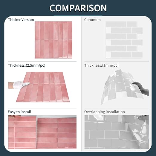 10 Sheets Upgraded Thicker Design Subway Tile Peel and Stick Backsplash | 12”×12”Self Adhesive Wall Tiles Stick on Back Splash for Kitchen,Bathroom,Camper(Pink) - Image 5