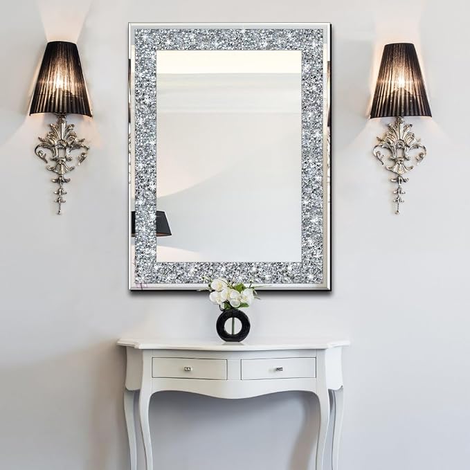 QMDECOR Crystal Crush Diamond Rectangle Silver Mirror for Wall Decoration 20x28inch Wall Hang Frameless Mirror Glass Diamond Decor. - Image 5