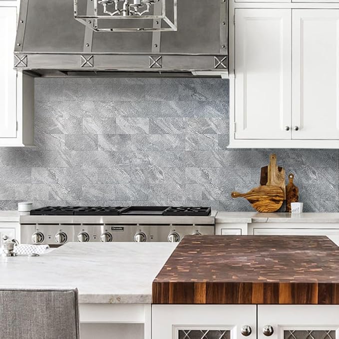 AULIGET 100-Piece Peel and Stick Backsplash Wall Tiles, 3" x 6" PVC Grey Marble Faux Stick on Tiles for Backsplash Kitchen, Bathroom, Laundry Room, Camper, Fireplace - Image 2