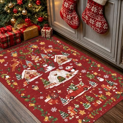 2x3 Christmas Cute Area Rug : Non-Slip Washable Winter Holiday Indoor Doormat Soft Low Pile Decorative Floor Mat for Kitchen Bathroom Living Room Bedroom Red Holiday Home Decor Gift（2x3，Red） by HYHAOYUNLAI