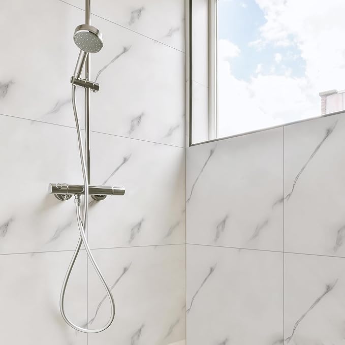 Nuanchu 72 Pcs Peel and Stick Shower Waterproof Tiles Wall Panels 12 x 12 Inch Self Adhesive Backsplash with Ruler Knife & 2 Scrapers for Washroom Bathroom Living Room, Not Real Tile (Carrara White) - Image 6