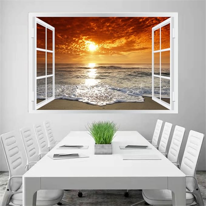 Self-Adhesive Wall Sticker Romantic Living Room Bedroom Study Office Decorative Wall Sticker Ocean Scenery Fake Window Sticker Mural (36"×48", Sunset Beach) - Image 3