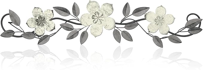 Wesiti Metal Flower Wall Decor Wrought Iron Scroll 15.7x3.7,White | Vintage Metal Flower decor,Farmhouse Leaf Art with Nails, Flat Not 3D Design, For Bedroom Kitchen Indoor Outdoor Wall Decor by Unteilti