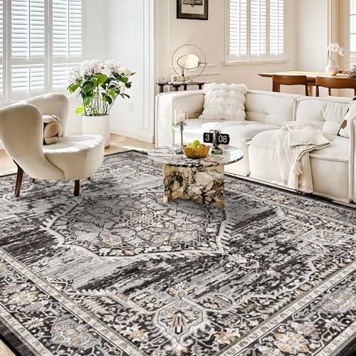 8x10 Rug Washable Area Rugs: Large Soft Living Room Rug - Distressed Stain Resistant Floor Carpet - Machine Washable Foladable Low Pile Area Rugs 8'x10' Black by YOUFORTONG