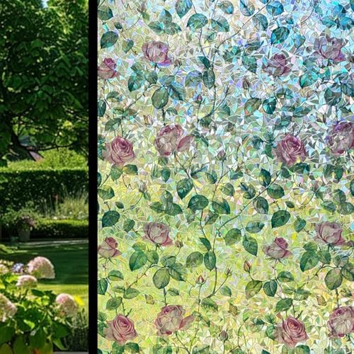 Retro Flowers Window Privacy Film, Magnolia Stained Glass Decorative Window Film for Glass, Rainbow Stained Window Cling Sticker Floral Removable Static Cling for Window (1, Roses, 17x157.5in) - Image 5