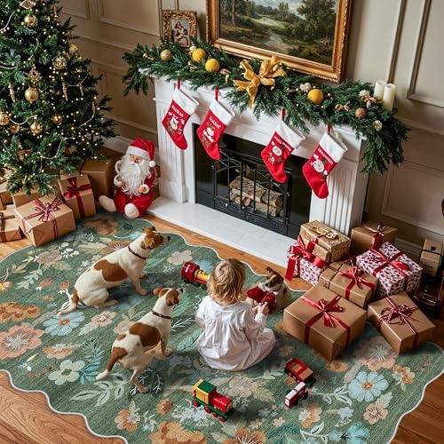 4x8 Washable Area Rug for Family: Stain Resistant Wide Floral Scalloped Kitchen Rug Soft Carpet for Entryway Bathroom Bedroom Farmhouse Living Room Floor Mat with Non Slip Backing(4x8, Floral/Green) by HYHAOYUNLAI