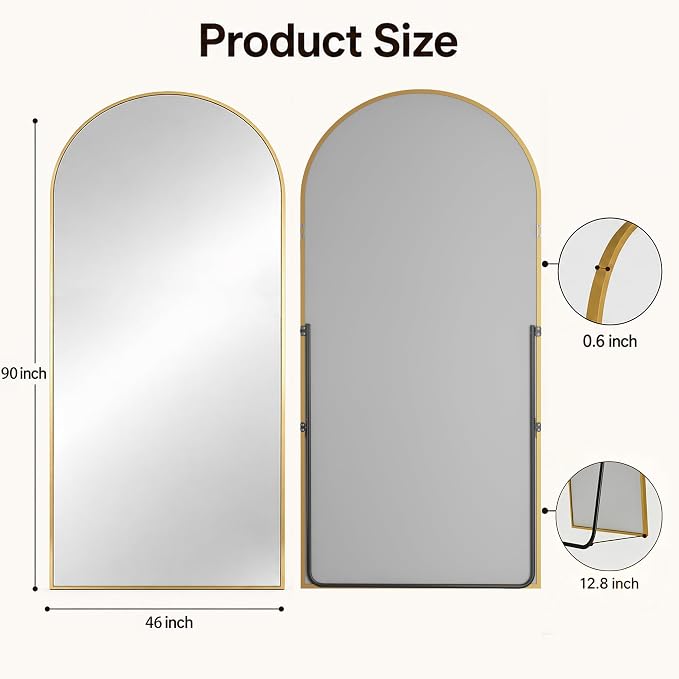 Antok Full Length Mirror, 90"x46" Floor Mirror with Stand, Gold, Arched - Image 7