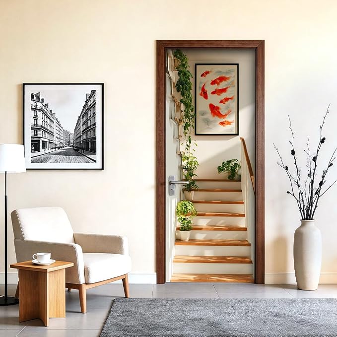Koi Stairway Door Mural, Botanical Modern Steps Door Cover | Waterproof PVC, 30.3" W x 78.7" L; koi stairway design for bedroom, hallway, entryway or office doors. - Image 5