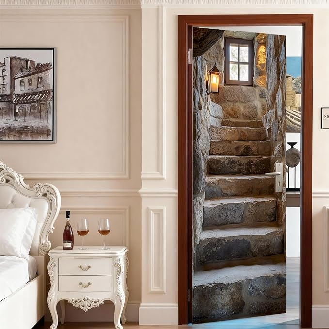 Stone Stairway Door Mural, Rustic Cellar Steps Door Cover | Waterproof PVC, 30.3" W x 78.7" L; rustic stone stair scene for entryway, hallway, office or cellar doors. - Image 3