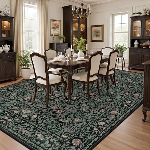 8x10 Area Rug Living Room: Soft Floral Washable Carpet Dark Green - Image 4