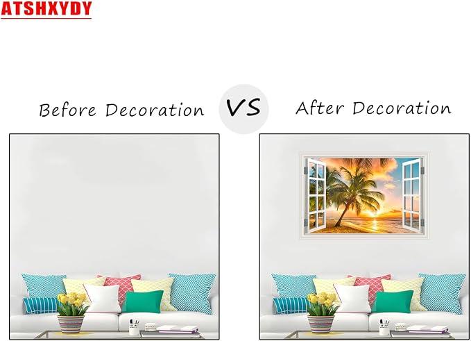 Fake Window Wall Decal- Summer Beach Ocean Coconut Trees Open Art Sticker | Faux Window Natural Scenery Landscape Mural ｜ Stick and Peel Wall Decals｜for Room Bedroom Office Scene Picture Decor｜24"x16" - Image 3
