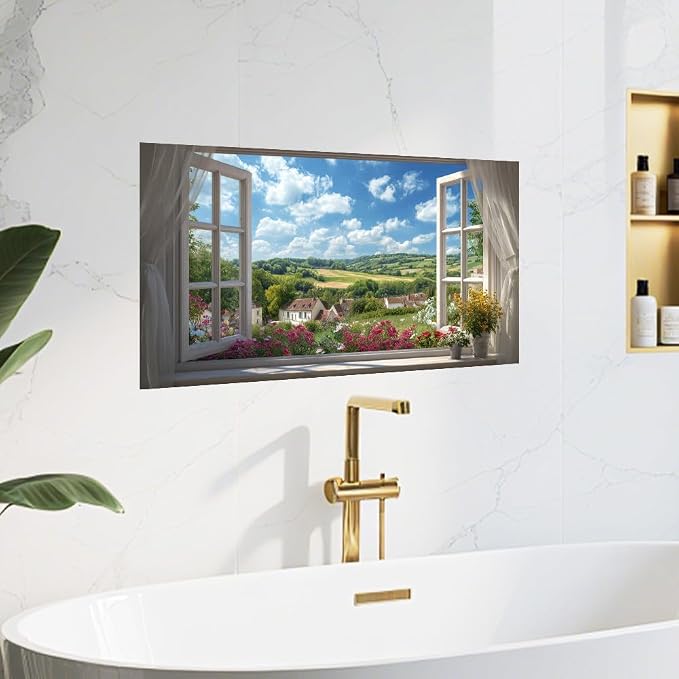 Countryside Village Kitchen Backsplash Peel and Stick, 30x16 in | French window view of flower meadow, rolling hills and village; flat 2D waterproof peel and stick; wipe clean; 30x16 in - Image 8