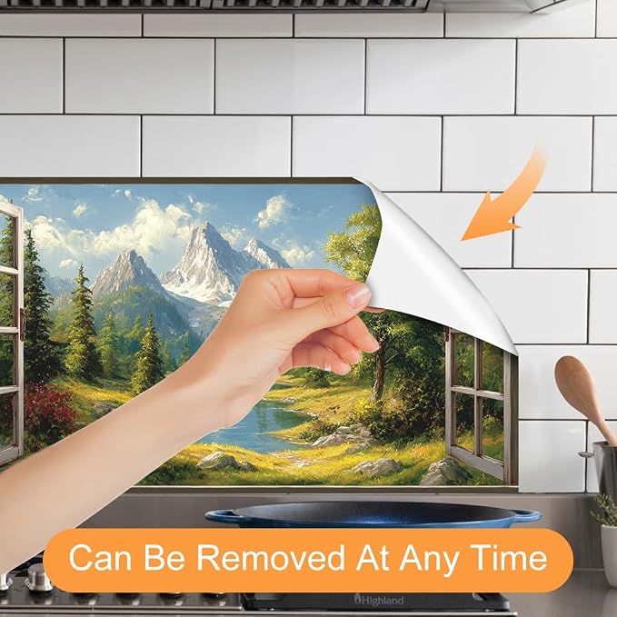 Alpine Mountain View Kitchen Backsplash Peel and Stick, 30x16 in | Oil-painting window view of snow peaks, alpine river and pine forest; flat 2D waterproof peel and stick; wipe clean; 30x16 in - Image 3