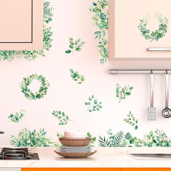 SUPERDANT 4 sheets Green Leaf Wall Sticker Eucalyptus Leaves Wall Decals Watercolor Plants Peel and Stick Large Size Vinyl Art Decal Home Decor for Entryway Livingroom Balcony Bedroom Decoration Gifts - Image 4