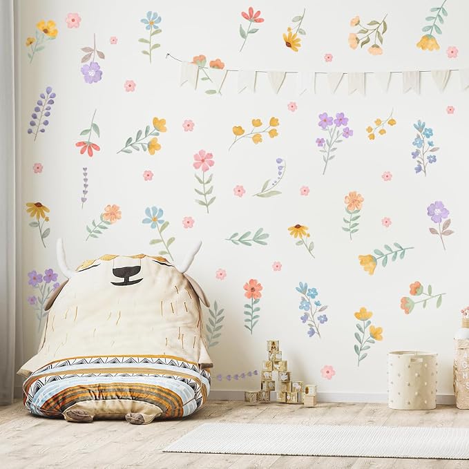 Boho Watercolor Flower Wall Decals - Removable Wildflower Art for Girls Bedroom, Nursery, Kids Room - DIY Cute Vinyl Murals Decorations - Image 5