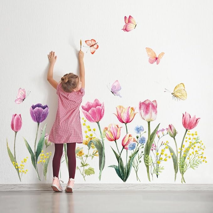 Tulip Flowers Wall Decals Watercolor Floral Butterfly Wall Stickers Colorful Flowers Wall Mural Removable Flower Peel and Stick Wall Art for Girls Bedroom Kids Nursery by Erllsino