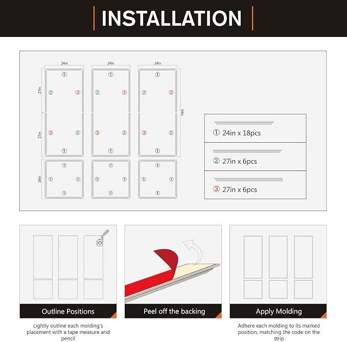 Pre-Cut Peel and Stick Wall Molding Kit Wainscoting Trim- Self Adhesive Premade Accent Panel Chair Rail for Interior Moulding Home Decor Accent Wall Set of 6 pcs - 3 Top 3 Bottom, Ready to Assemble - Image 9