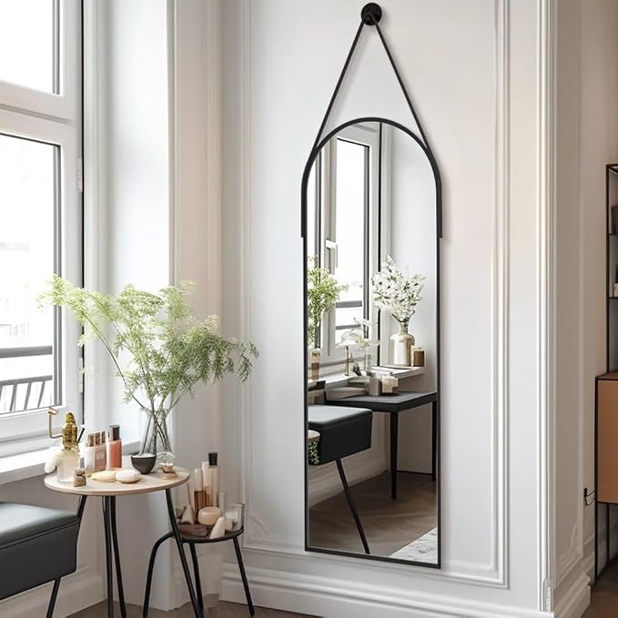 Dewfig 48"x16" Arched Full Length Mirror, Wall Mirror, Leather Strap, Black - Image 2