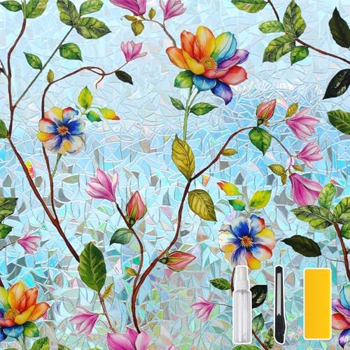 DKTIE Watercolor Garden Floral Stained Glass Window Film 35.4in X 78.7in by Dktie
