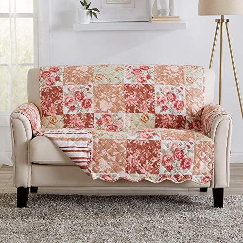 Great Bay Home Reversible Floral Patchwork Loveseat Furniture Protector - Machine Washable, Scalloped Edge, Stain Resistant, Printed Furniture Cover for Dogs, Kids, and Pets (Burgundy/Taupe) by GreatBayHome