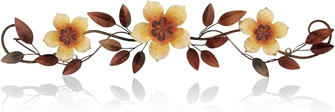 Wesiti Metal Flower Wall Decor Wrought Iron Scroll 15.7x3.7,Yellow | Vintage Metal Flower decor,Farmhouse Leaf Art with Nails, Flat Not 3D Design, For Bedroom Kitchen Indoor Outdoor Wall Decor by Unteilti