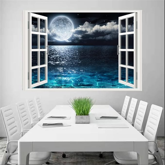 Self-Adhesive Wall Sticker Romantic Living Room Bedroom Study Office Decorative Wall Sticker Ocean Scenery Fake Window Sticker Mural (Moon Beach, 32"×48") - Image 5