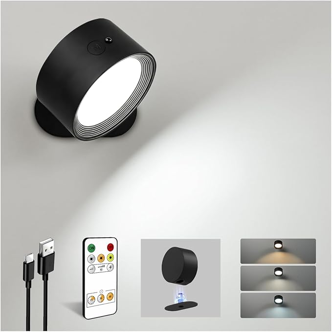 Rechargeable Wall Sconces with Remote, Magnetic Wall Lights, Black 1 Pack | 3 Color Temperatures, Remote and Touch Control, 360° Rotating and Dimmable for Living Room & Bedroom by AMETHEUS