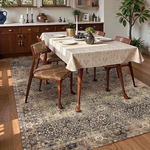 Washable Area Rug 4' x 6' Vintage Traditional Persian Mat - Foldable Distressed Non-Slip Machine Washable Carpet for Living Room Bedroom Kitchen Home Decor - Umber and Slate - Image 3